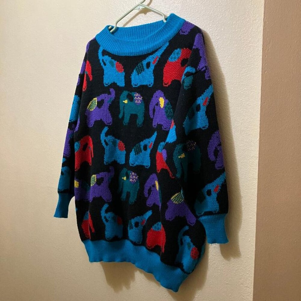 Vintage Lady Roi Women's Multicolor Elephant Pattern Long Sleeve Sweater MediumV